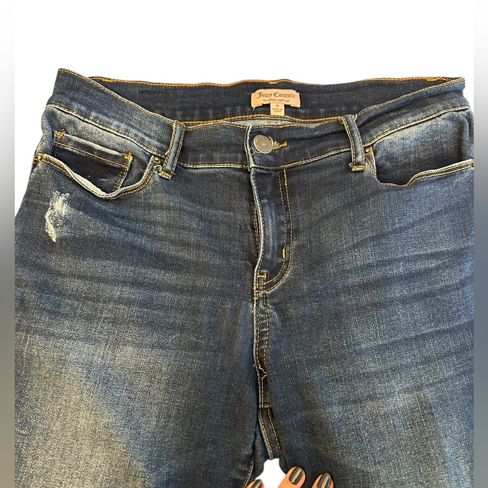 JUICY COUTURE Distressed Skinny Jeans Raw Frayed Hem Sz 8 Blue Y2K Vibe - Picture 4 of 13